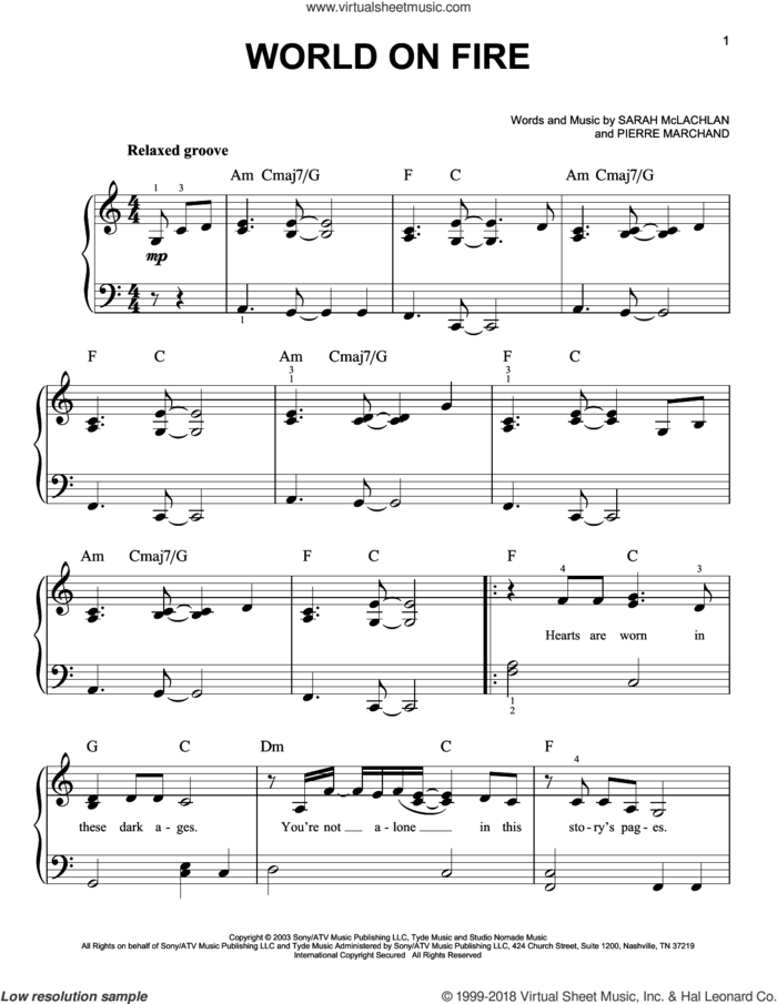 World On Fire sheet music for piano solo by Sarah McLachlan and Pierre Marchand, easy skill level