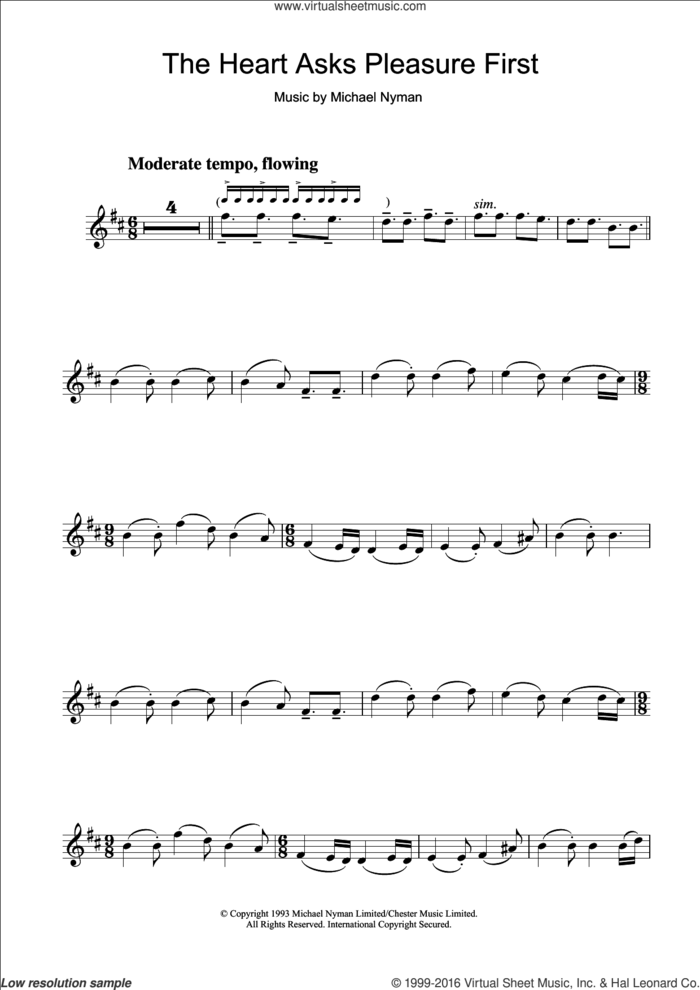 The Heart Asks Pleasure First: The Promise/The Sacrifice (from The Piano) sheet music for clarinet solo by Michael Nyman, intermediate skill level