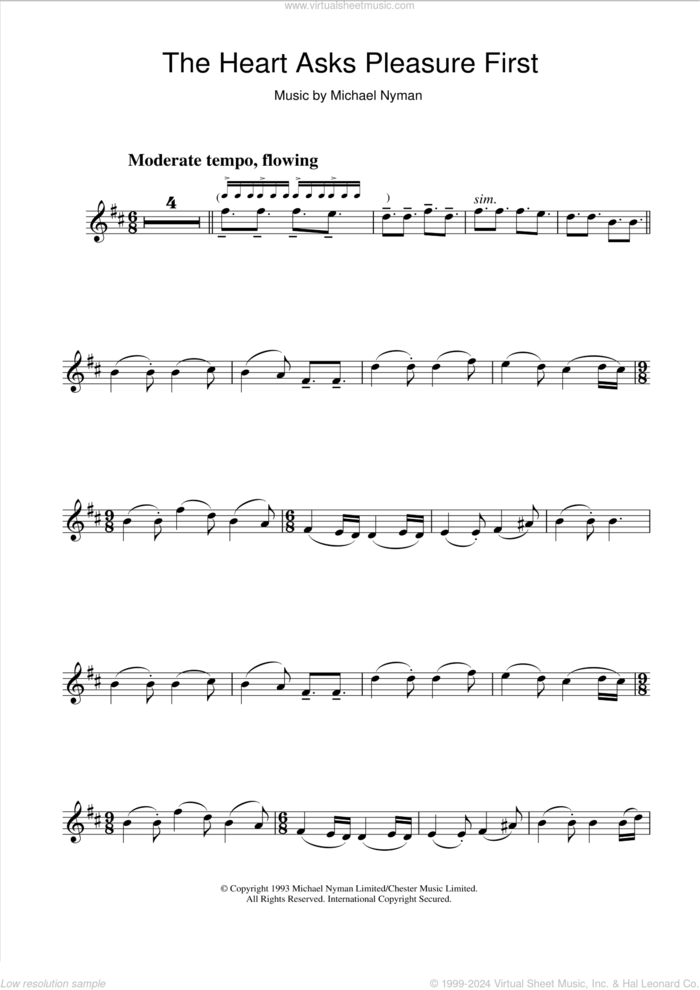 The Heart Asks Pleasure First: The Promise/The Sacrifice (from The Piano) sheet music for clarinet solo by Michael Nyman, intermediate skill level