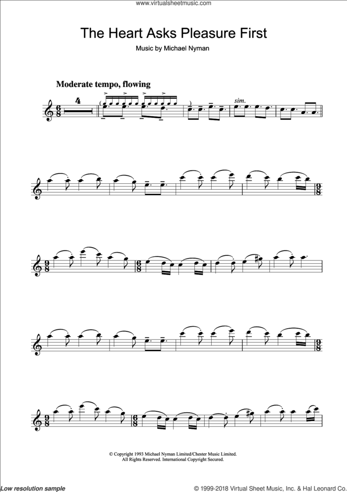 The Heart Asks Pleasure First: The Promise/The Sacrifice (from The Piano) sheet music for flute solo by Michael Nyman, intermediate skill level