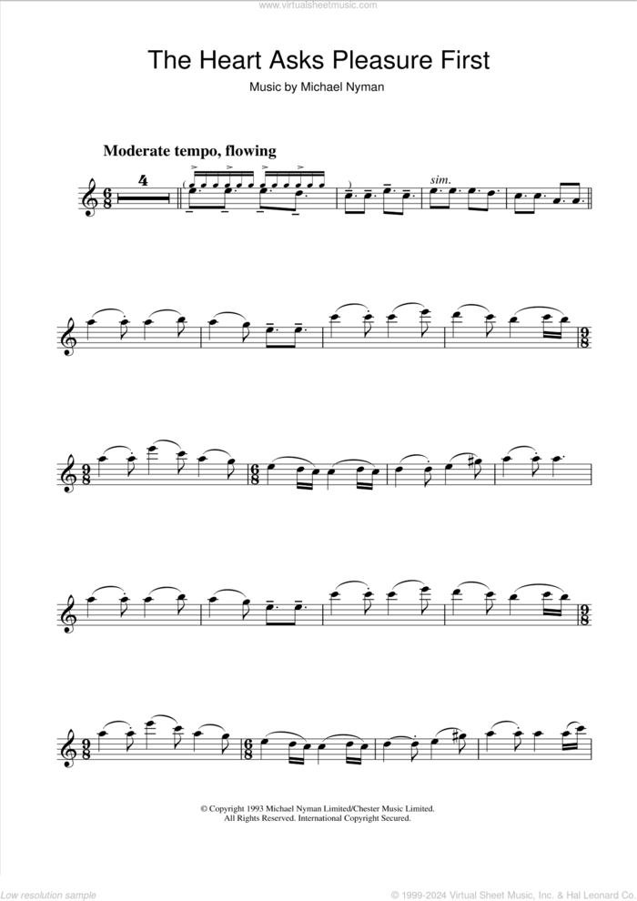 The Heart Asks Pleasure First: The Promise/The Sacrifice (from The Piano) sheet music for flute solo by Michael Nyman, intermediate skill level