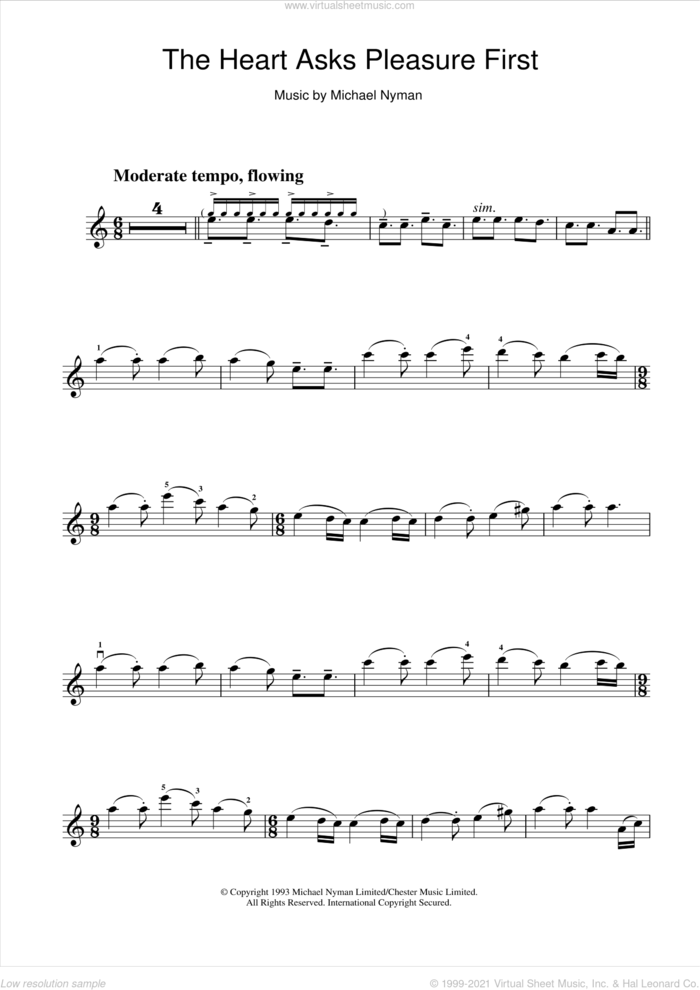 The Heart Asks Pleasure First: The Promise/The Sacrifice (from The Piano) sheet music for violin solo by Michael Nyman, intermediate skill level