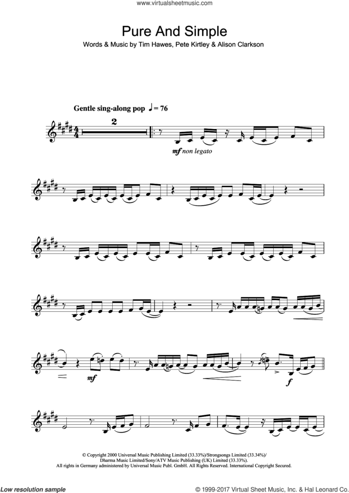 Pure And Simple sheet music for clarinet solo by Hear'Say, Alison Clarkson, Pete Kirtley and Tim Hawes, intermediate skill level