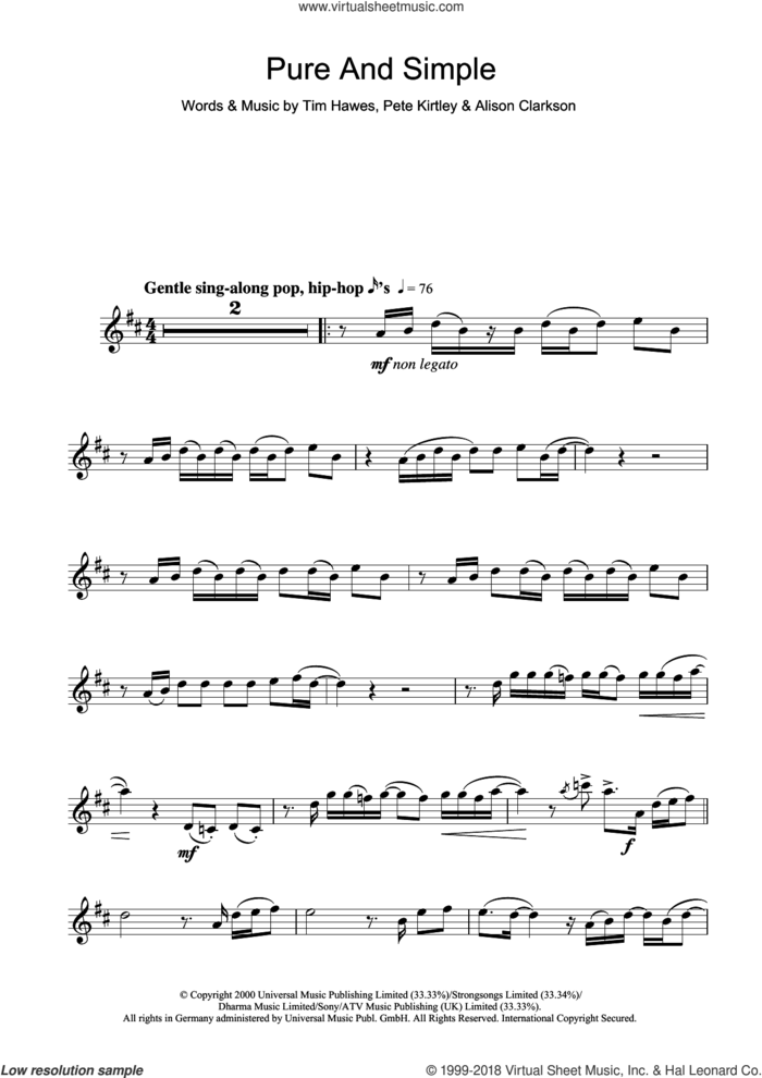 Pure And Simple sheet music for flute solo by Hear'Say, Alison Clarkson, Pete Kirtley and Tim Hawes, intermediate skill level