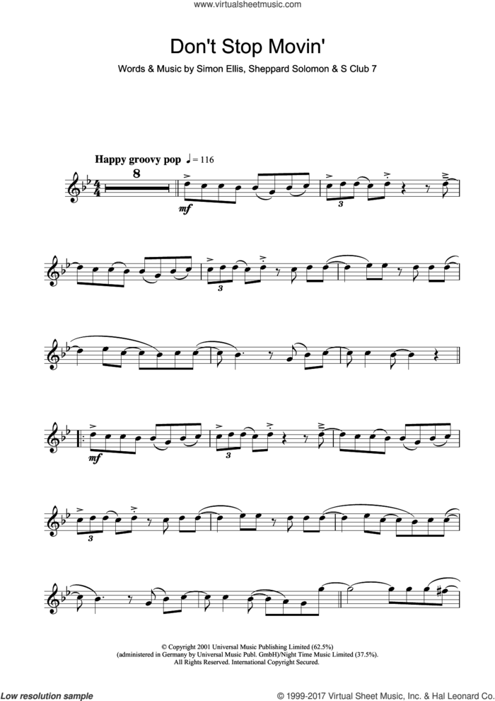 Don't Stop Movin' sheet music for flute solo by S Club 7, Sheppard Solomon and Simon Ellis, intermediate skill level