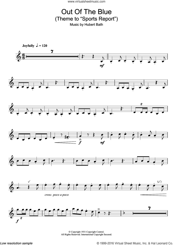 Out Of The Blue (Theme to 'Sports Report') sheet music for clarinet solo by Hubert Bath, intermediate skill level
