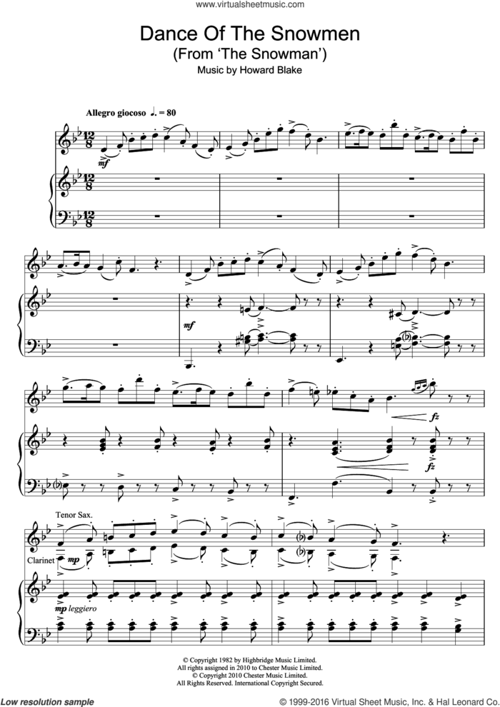 Dance Of The Snowmen (from The Snowman) sheet music for clarinet solo by Howard Blake, intermediate skill level
