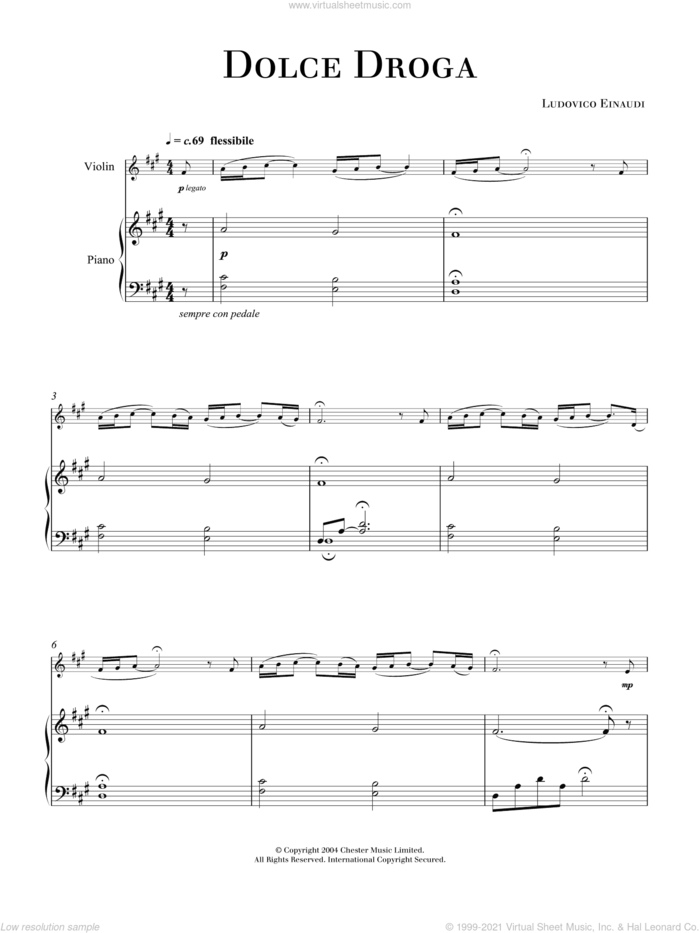 Dolce Droga sheet music for violin and piano by Ludovico Einaudi, classical score, intermediate skill level