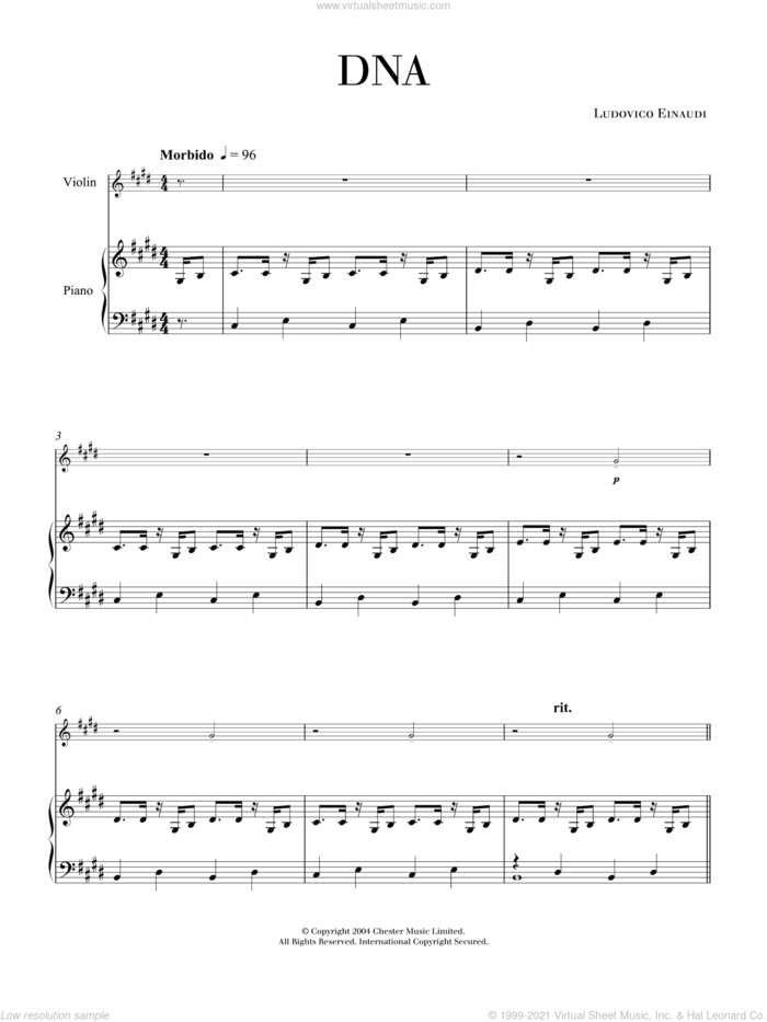 Dna sheet music for violin solo by Ludovico Einaudi, classical score, intermediate skill level