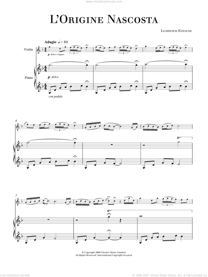 L'Origine Nascosta sheet music for violin solo by Ludovico Einaudi, classical score, intermediate skill level