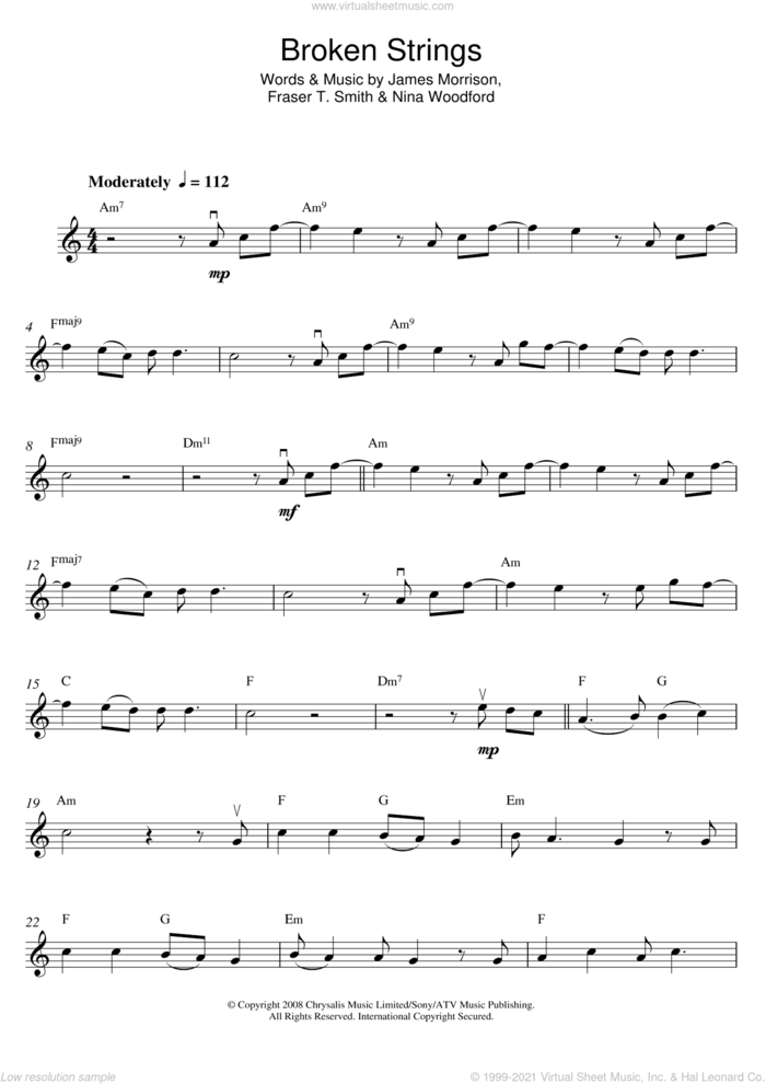 Broken Strings sheet music for violin solo by James Morrison, Fraser T. Smith and Nina Woodford, intermediate skill level