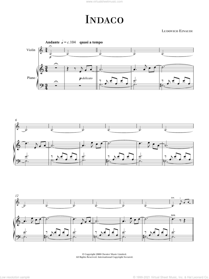 Indaco sheet music for violin solo by Ludovico Einaudi, classical score, intermediate skill level