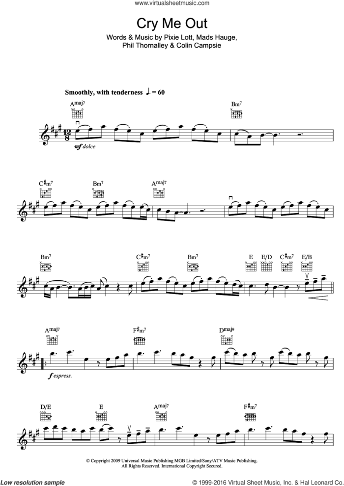 Cry Me Out sheet music for violin solo by Pixie Lott, Colin Campsie, Mads Hauge and Phil Thornalley, intermediate skill level