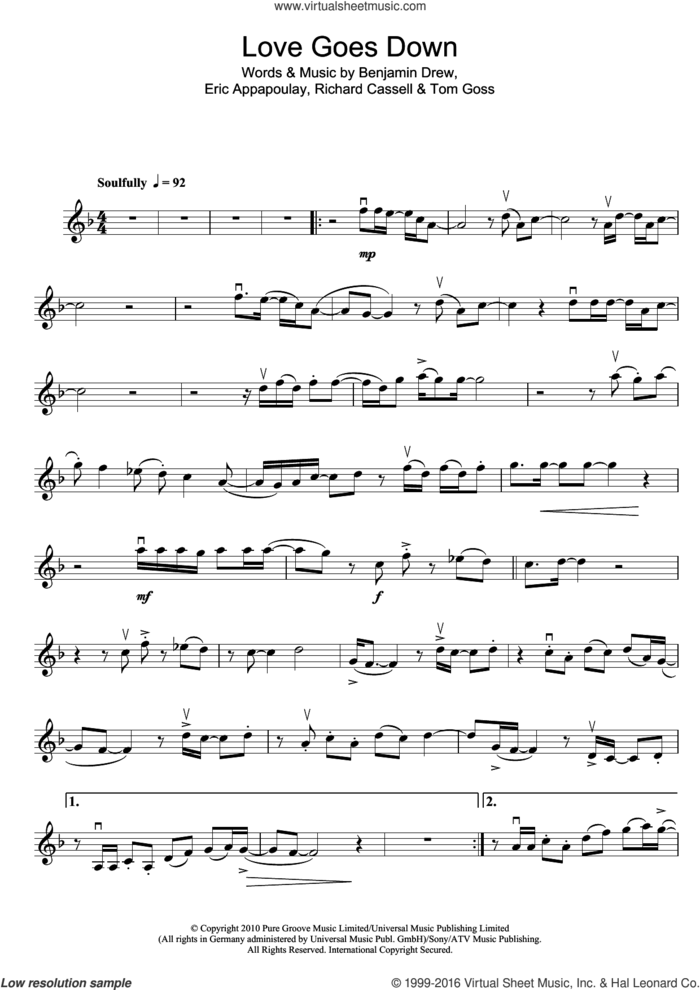 Love Goes Down sheet music for violin solo by Plan B, Ben Drew, Eric Appapoulay, Richard Cassell and Tom Goss, intermediate skill level