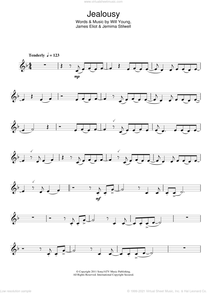 Jealousy sheet music for clarinet solo by Will Young, Jemima Stilwell and Jim Eliot, intermediate skill level