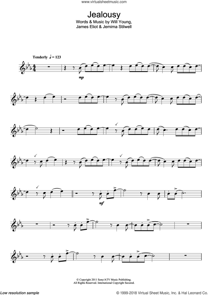 Jealousy sheet music for flute solo by Will Young, Jemima Stilwell and Jim Eliot, intermediate skill level
