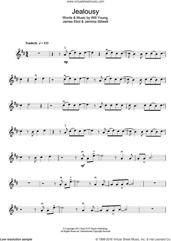 Jealousy sheet music for violin solo by Will Young, Jemima Stilwell and Jim Eliot, intermediate skill level