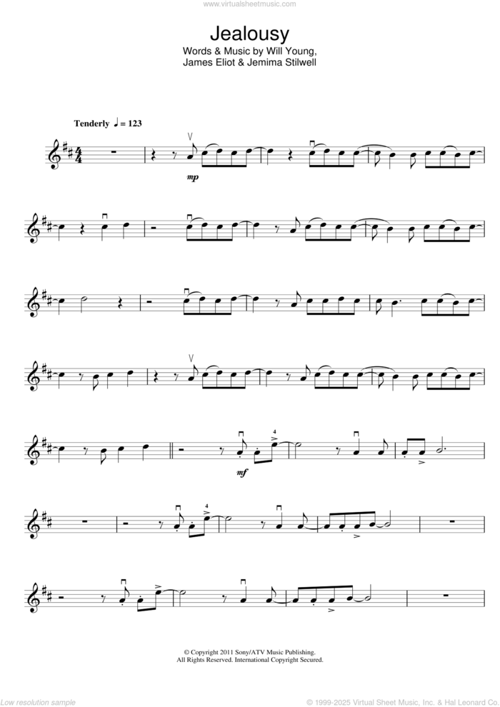 Jealousy sheet music for violin solo by Will Young, Jemima Stilwell and Jim Eliot, intermediate skill level