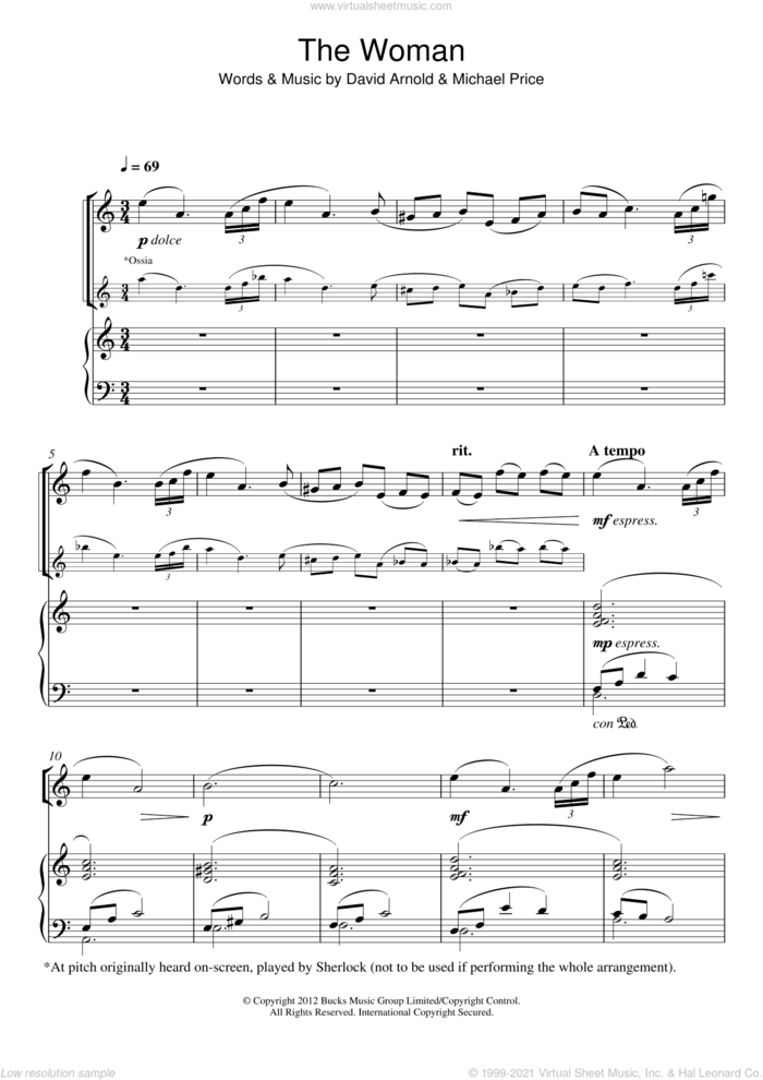 The Woman (from Sherlock) sheet music for violin solo by David Arnold and Michael Price, intermediate skill level