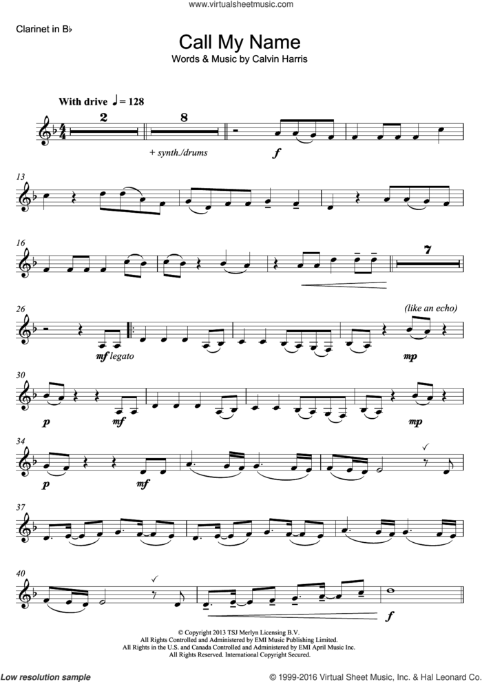 Call My Name sheet music for clarinet solo by Cheryl and Calvin Harris, intermediate skill level