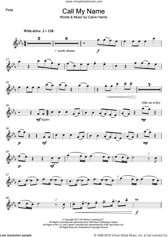 Call My Name sheet music for flute solo by Cheryl and Calvin Harris, intermediate skill level