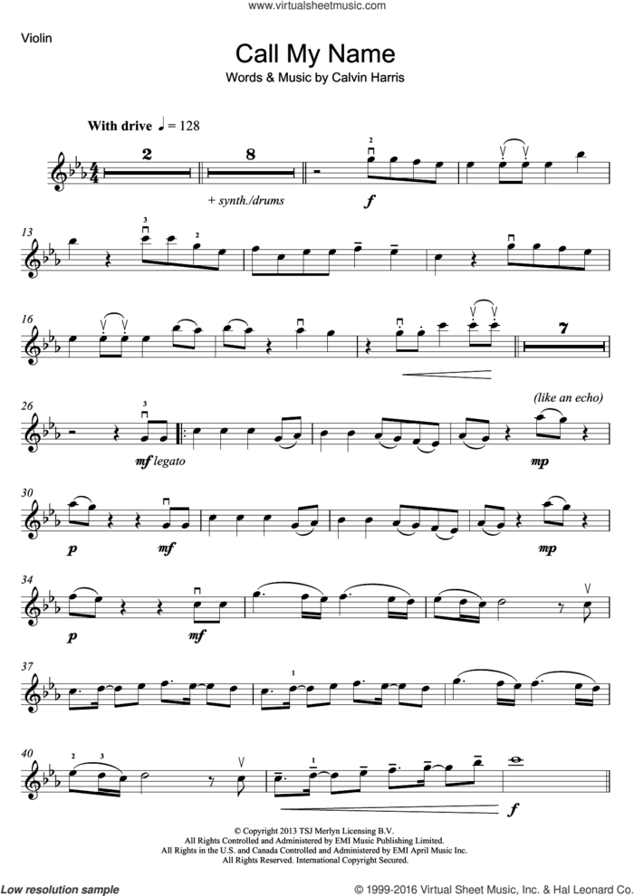 Call My Name sheet music for violin solo by Cheryl and Calvin Harris, intermediate skill level