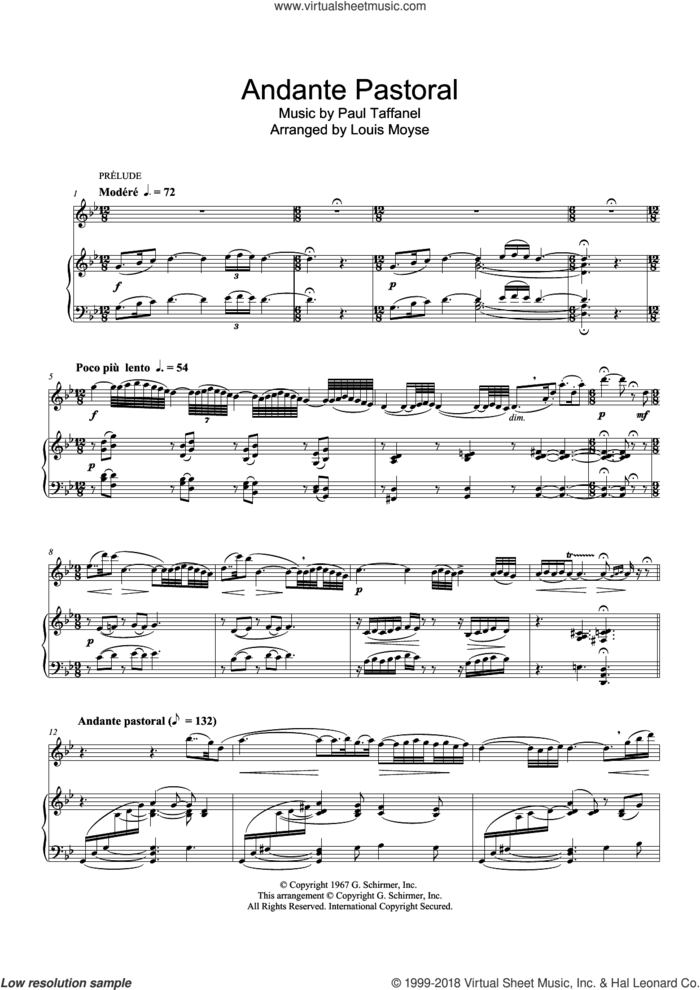 Andante Pastoral sheet music for flute solo by Paul Taffanel, classical score, intermediate skill level