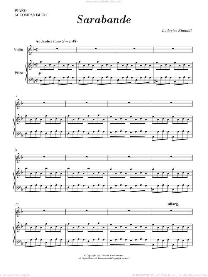 Sarabande sheet music for violin solo by Ludovico Einaudi, classical score, intermediate skill level