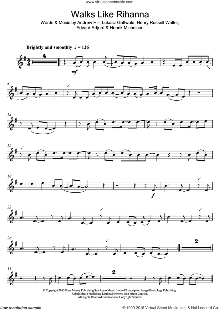 Walks Like Rihanna sheet music for clarinet solo by The Wanted, Andrew Hill, Edvard Erfjord, Henrik Michelsen, Henry Russell Walter and Lukasz Gottwald, intermediate skill level