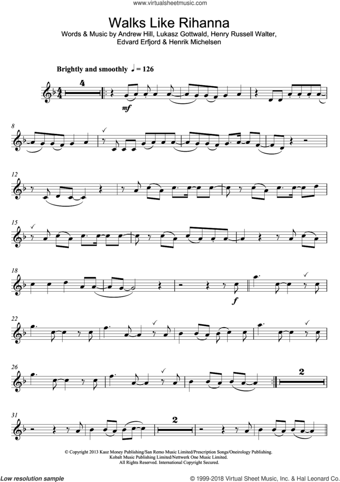 Walks Like Rihanna sheet music for flute solo by The Wanted, Andrew Hill, Edvard Erfjord, Henrik Michelsen, Henry Russell Walter and Lukasz Gottwald, intermediate skill level