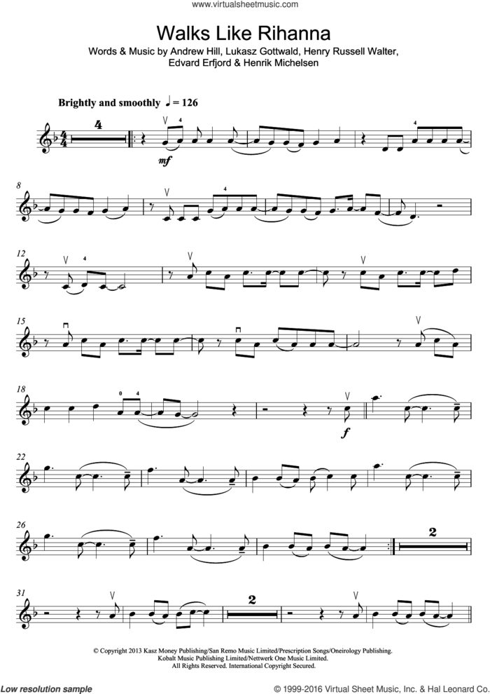 Walks Like Rihanna sheet music for violin solo by The Wanted, Andrew Hill, Edvard Erfjord, Henrik Michelsen, Henry Russell Walter and Lukasz Gottwald, intermediate skill level