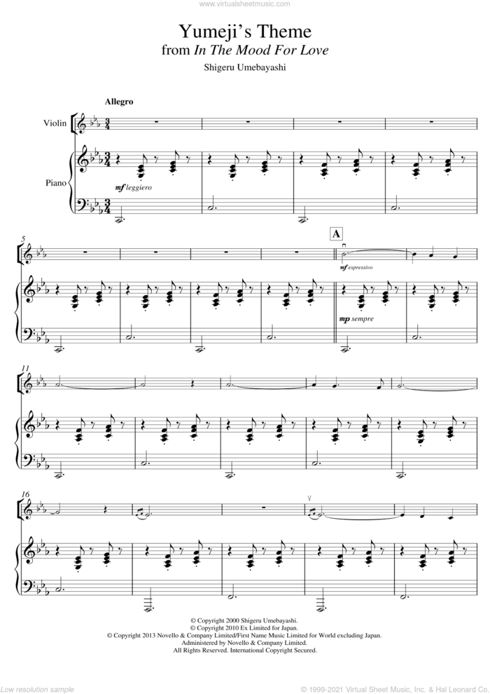 Yumeji's Theme (from 'In The Mood For Love') sheet music for violin solo by Shigeru Umebayashi, intermediate skill level
