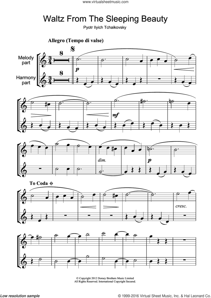 Waltz (from The Sleeping Beauty) sheet music for clarinet solo by Pyotr Ilyich Tchaikovsky, classical score, intermediate skill level