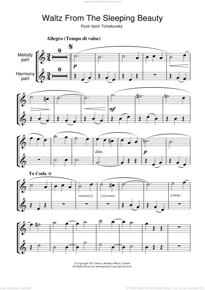 Waltz (from The Sleeping Beauty) sheet music for clarinet solo by Pyotr Ilyich Tchaikovsky, classical score, intermediate skill level