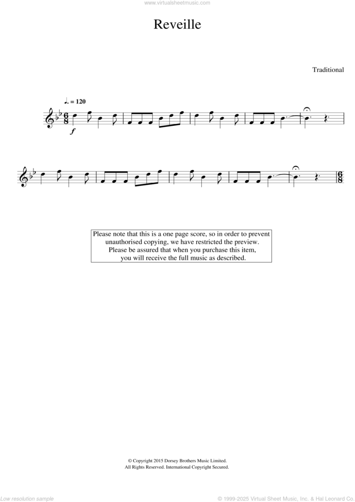 Reveille sheet music for trumpet solo, intermediate skill level