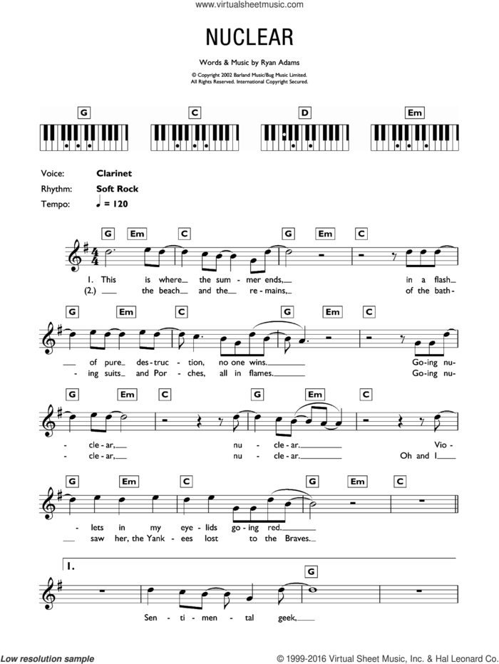 Nuclear sheet music for piano solo (chords, lyrics, melody) by Ryan Adams, intermediate piano (chords, lyrics, melody)