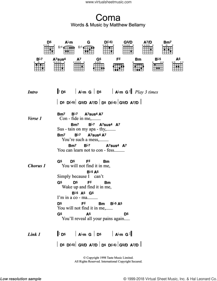 Coma sheet music for guitar (chords) by Muse and Matthew Bellamy, intermediate skill level