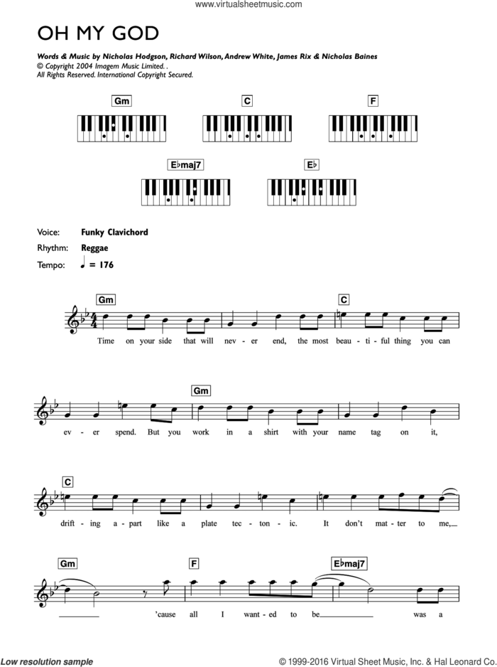 Oh My God sheet music for piano solo (chords, lyrics, melody) by Lily Allen, Andrew White, James Rix, Nicholas Baines, Nicholas Hodgson and Richard Wilson, intermediate piano (chords, lyrics, melody)