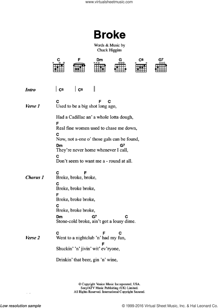Broke sheet music for guitar (chords) by Chuck Higgins, intermediate skill level