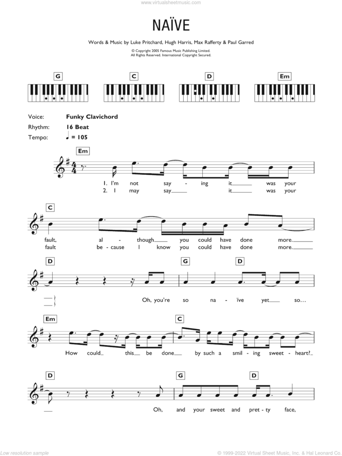 Naive sheet music for piano solo (chords, lyrics, melody) by The Kooks, Hugh Harris, Luke Pritchard, Max Rafferty and Paul Garred, intermediate piano (chords, lyrics, melody)
