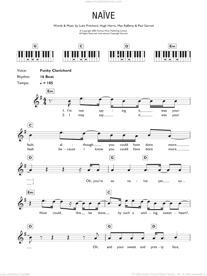 Naive sheet music for piano solo (chords, lyrics, melody) by The Kooks, Hugh Harris, Luke Pritchard, Max Rafferty and Paul Garred, intermediate piano (chords, lyrics, melody)