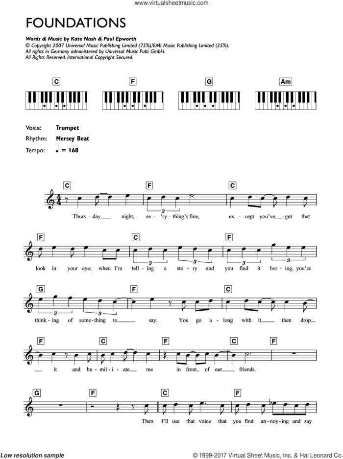 Foundations sheet music for piano solo (chords, lyrics, melody) by Kate Nash and Paul Epworth, intermediate piano (chords, lyrics, melody)