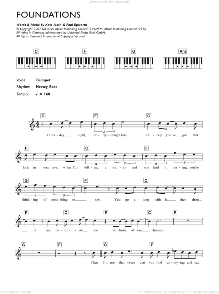 Foundations sheet music for piano solo (chords, lyrics, melody) by Kate Nash and Paul Epworth, intermediate piano (chords, lyrics, melody)