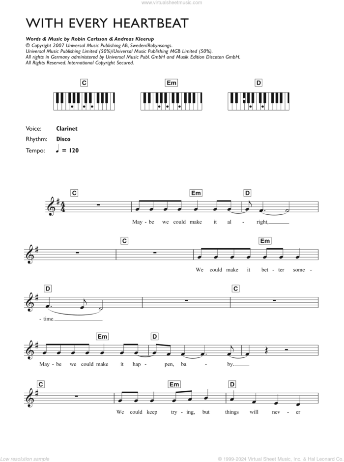 With Every Heartbeat sheet music for piano solo (chords, lyrics, melody) by Robyn, Andreas Kleerup, Carl Bagge and Robin Carlsson, intermediate piano (chords, lyrics, melody)