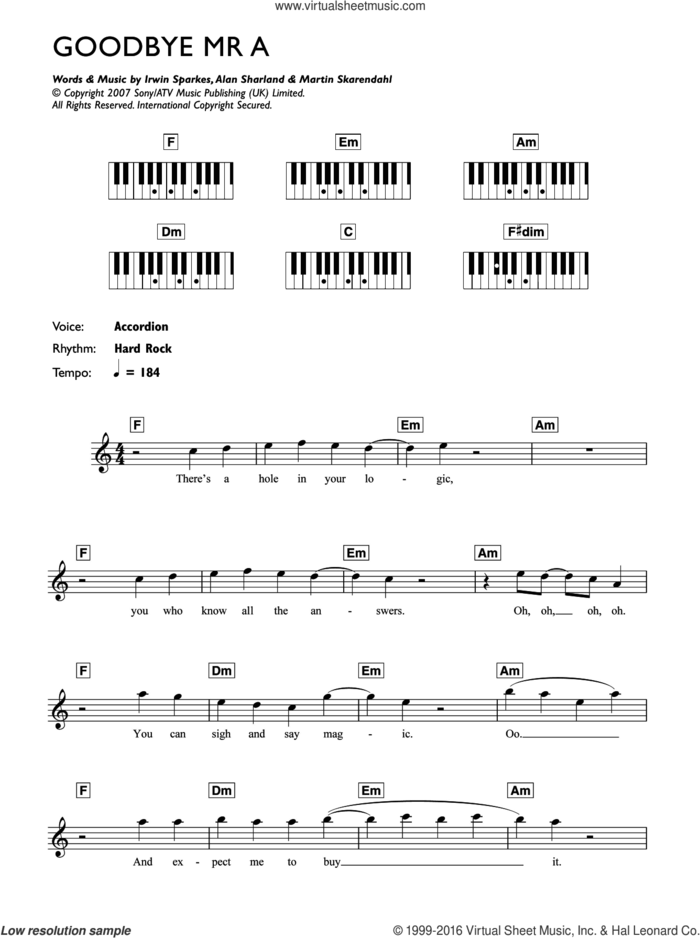Goodbye Mr. A sheet music for piano solo (chords, lyrics, melody) by The Hoosiers, Alan Sharland, Irwin Sparkes and Martin Skarendahl, intermediate piano (chords, lyrics, melody)