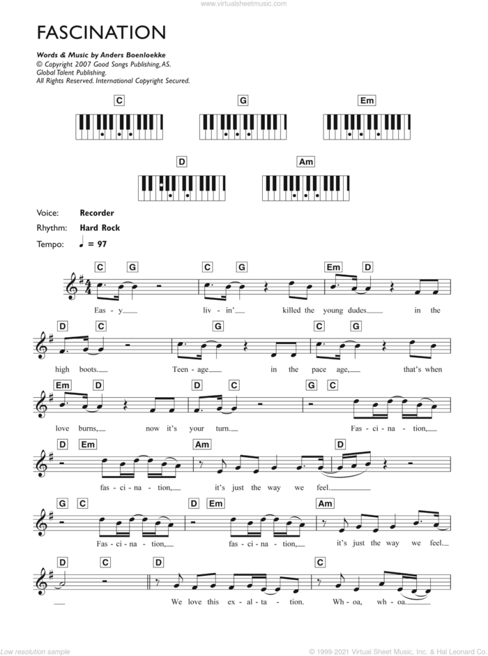 Fascination sheet music for piano solo (chords, lyrics, melody) by Alphabeat and Anders Boenloekke, intermediate piano (chords, lyrics, melody)