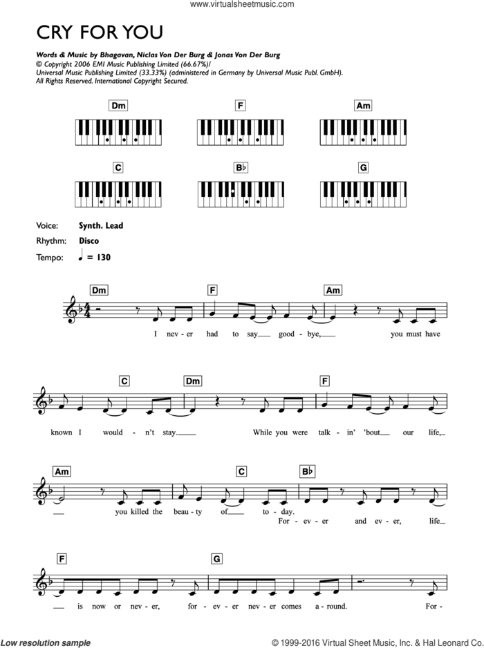 Cry For You sheet music for piano solo (chords, lyrics, melody) by September, Bhagavan, Jonas Von Der Burg and Niclas Von Der Burg, intermediate piano (chords, lyrics, melody)