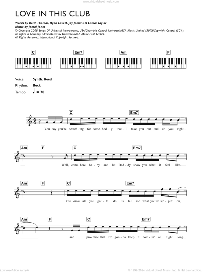 Love In This Club sheet music for piano solo (chords, lyrics, melody) by Gary Usher, Jamal Jones, Jay Jenkins, Keith Thomas, Lamar Taylor and Ryon Lovett, intermediate piano (chords, lyrics, melody)