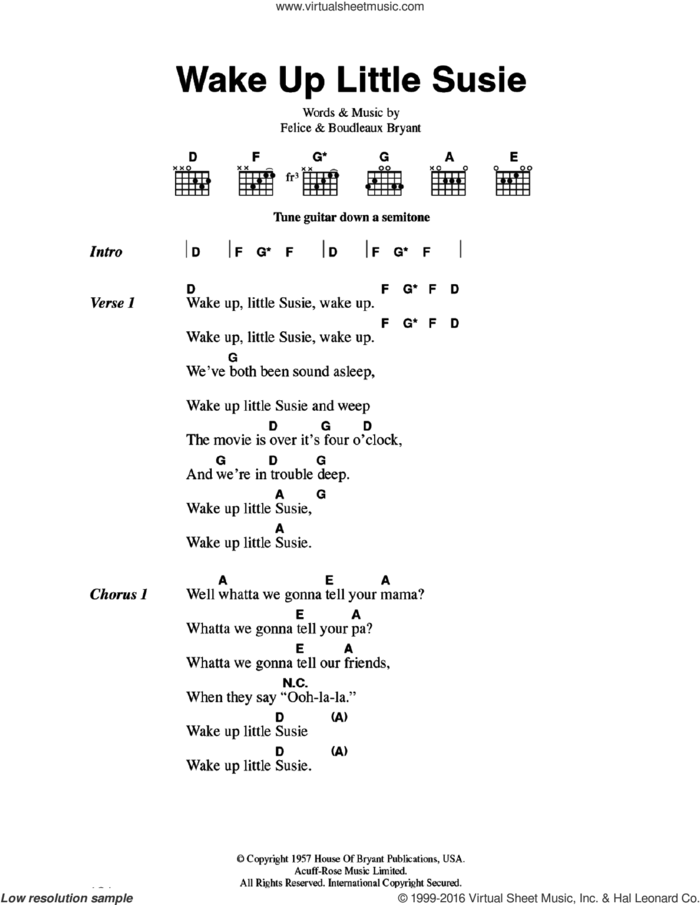 Wake Up Little Susie sheet music for guitar (chords) by The Everly Brothers, Boudleaux Bryant and Felice Bryant, intermediate skill level