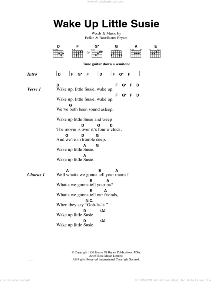 Wake Up Little Susie sheet music for guitar (chords) by The Everly Brothers, Boudleaux Bryant and Felice Bryant, intermediate skill level